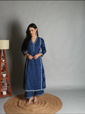 Blue cotton A-Line Printed long kurta