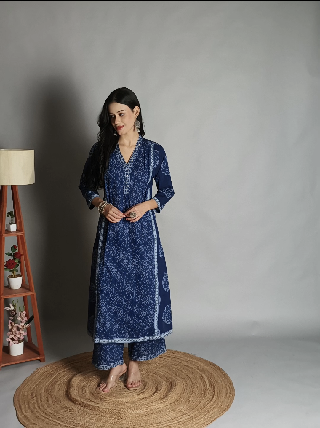 Blue cotton A-Line Printed long kurta