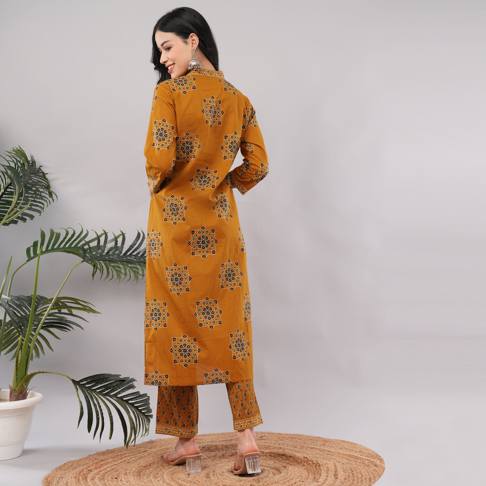 Yellow Cotton Geometric Block Printed Kurta Pant Dupatta Set – Handcrafted Women's Indian Ethnic Wear | Amarcharkha
