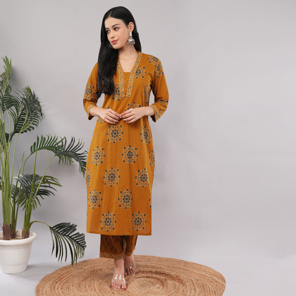 Yellow Cotton Geometric Block Printed Kurta Pant Dupatta Set – Handcrafted Women's Indian Ethnic Wear | Amarcharkha