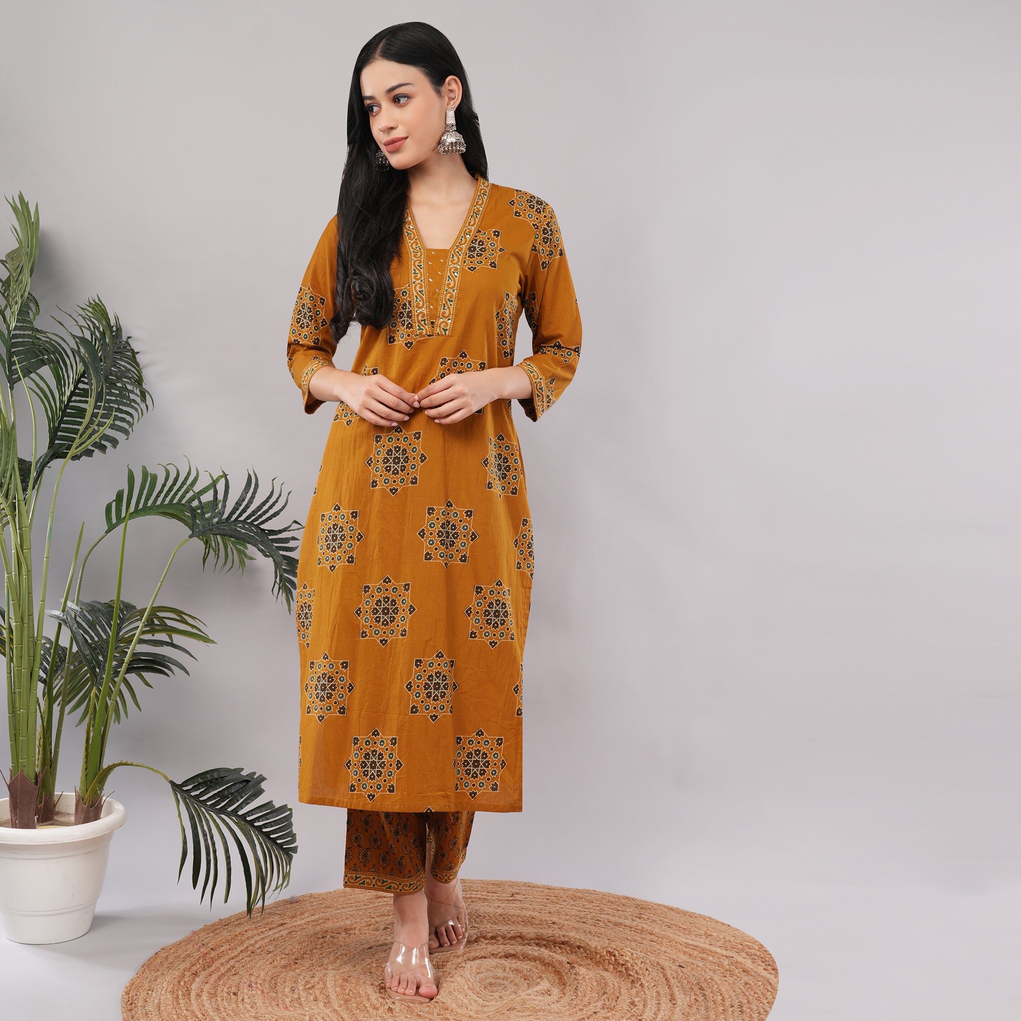 Yellow Cotton Geometric Block Printed Kurta Pant Dupatta Set – Handcrafted Women's Indian Ethnic Wear | Amarcharkha