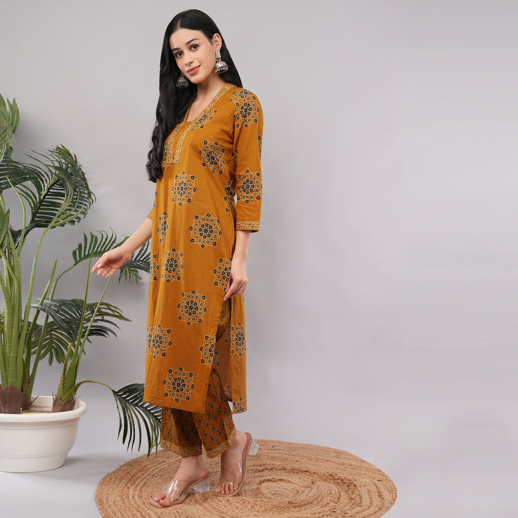 Yellow Cotton Geometric Block Printed Kurta Pant Dupatta Set – Handcrafted Women's Indian Ethnic Wear | Amarcharkha