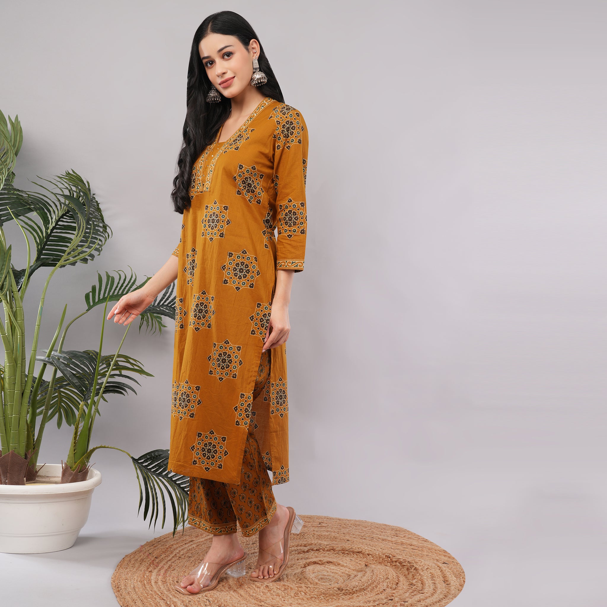 Yellow Cotton Geometric Block Printed Kurta Pant Dupatta Set – Handcrafted Women's Indian Ethnic Wear | Amarcharkha