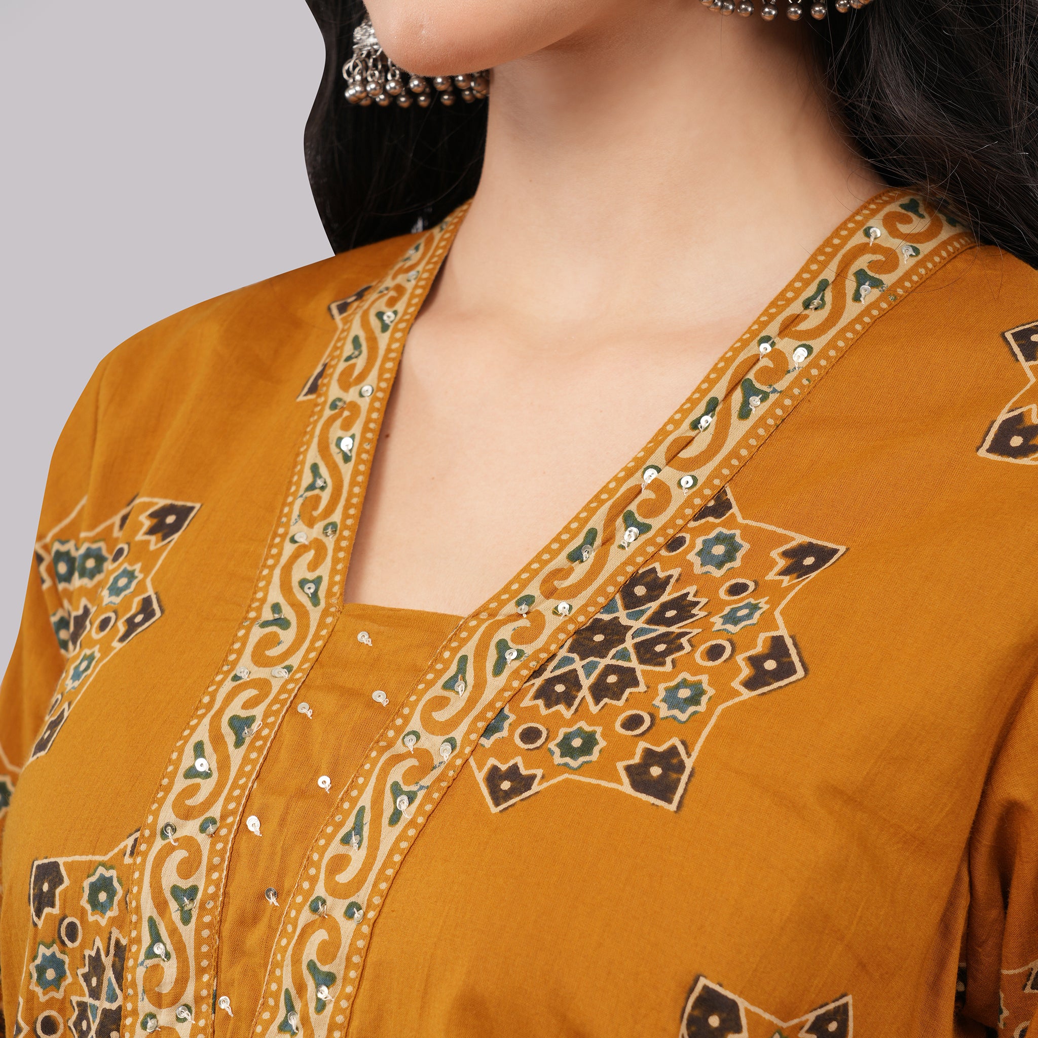 Yellow Cotton Geometric Block Printed Kurta Pant Dupatta Set – Handcrafted Women's Indian Ethnic Wear | Amarcharkha