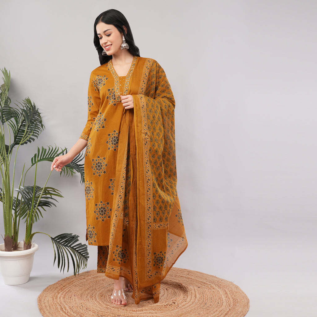 Yellow Cotton Geometric Block Printed Kurta Pant Dupatta Set – Handcrafted Women's Indian Ethnic Wear | Amarcharkha