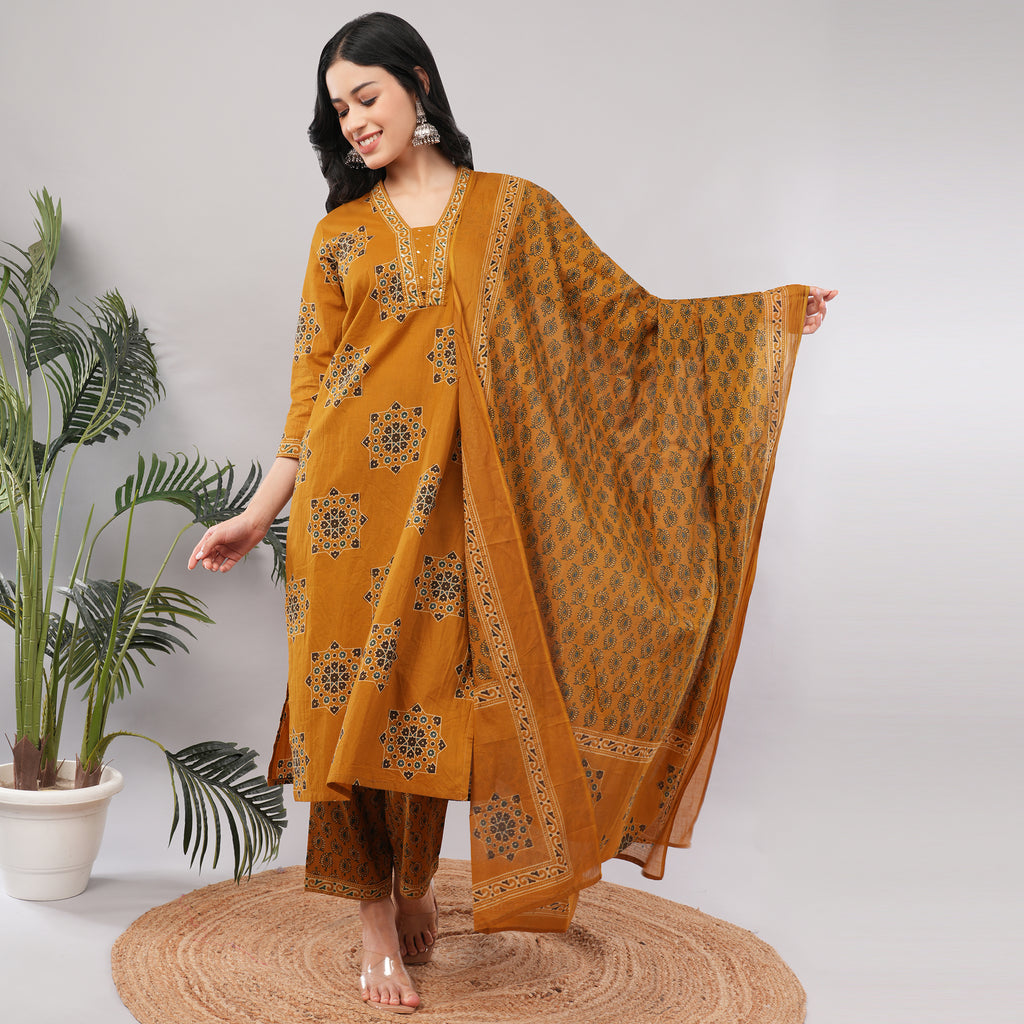 Yellow Cotton Geometric Block Printed Kurta Pant Dupatta Set – Handcrafted Women's Indian Ethnic Wear | Amarcharkha