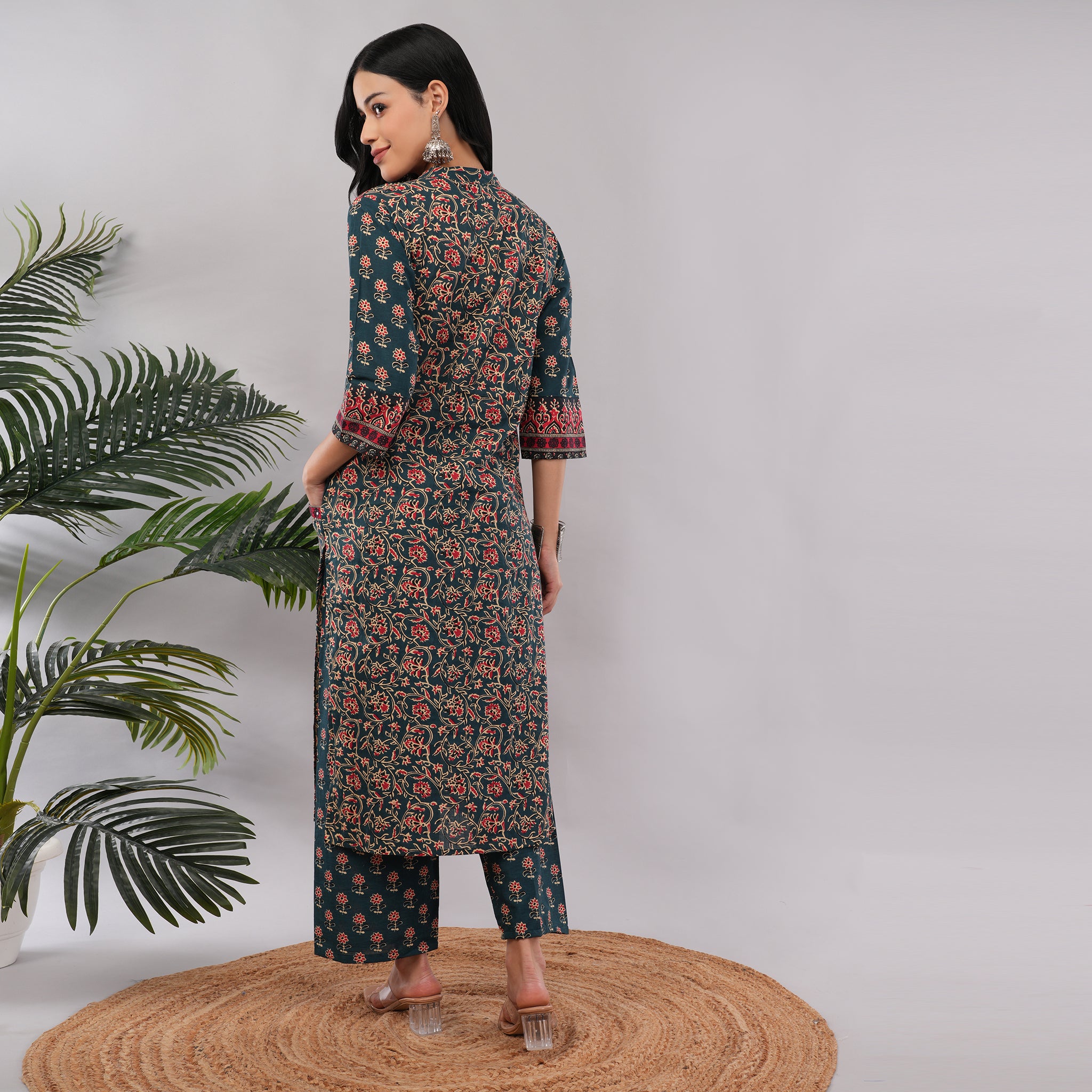 Teal Cotton Block Printed Kurta Pant Dupatta Set – Handcrafted Women's Ethnic Wear | Amarcharkha