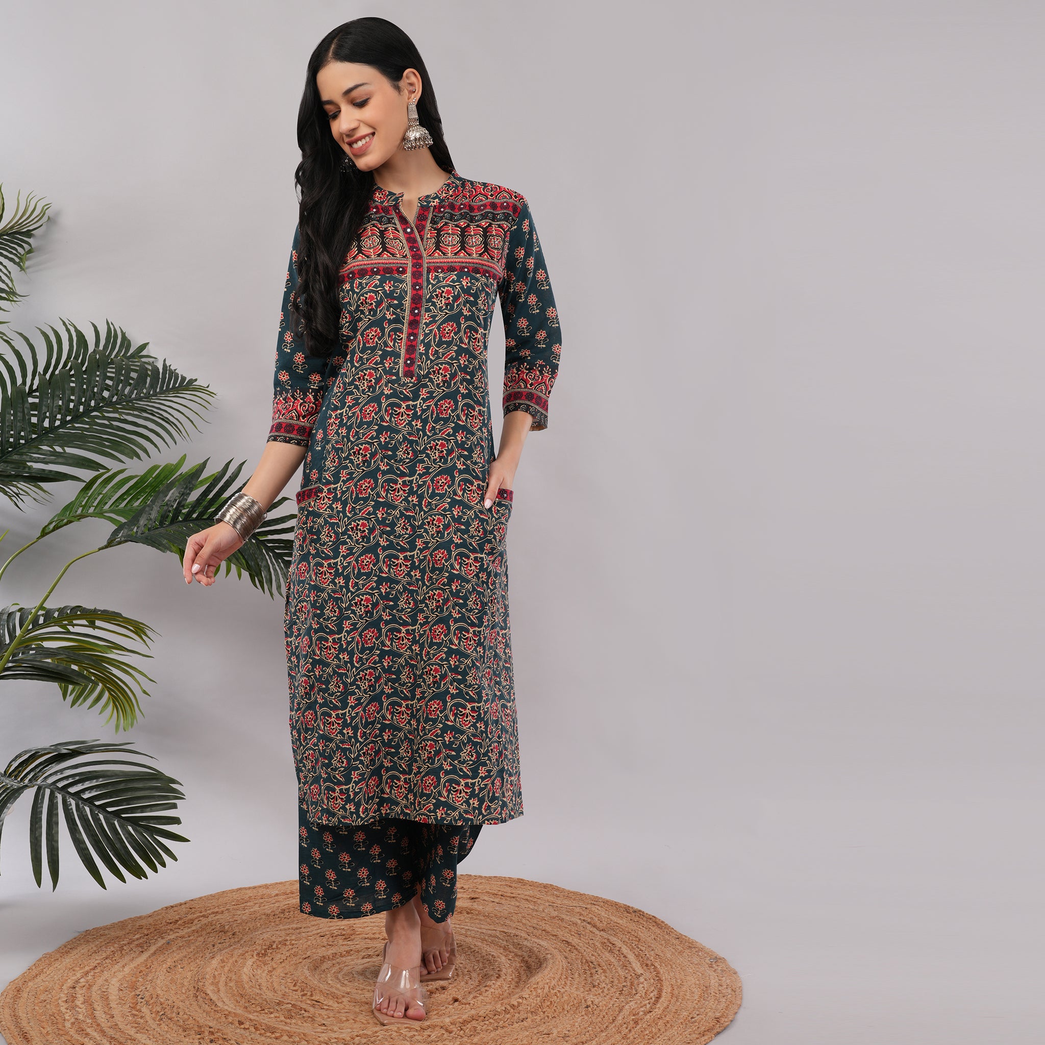 Teal Cotton Block Printed Kurta Pant Dupatta Set – Handcrafted Women's Ethnic Wear | Amarcharkha