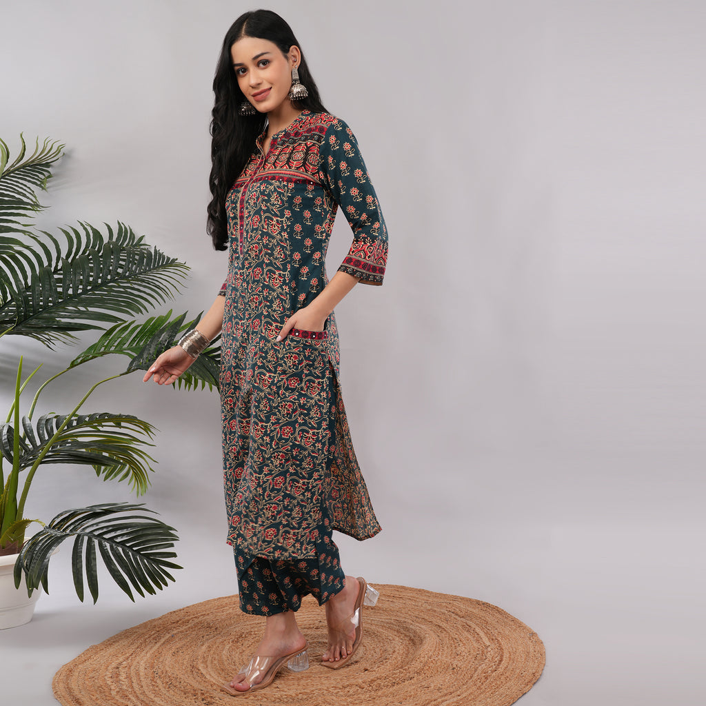 Teal Cotton Block Printed Kurta Pant Dupatta Set – Handcrafted Women's Ethnic Wear | Amarcharkha
