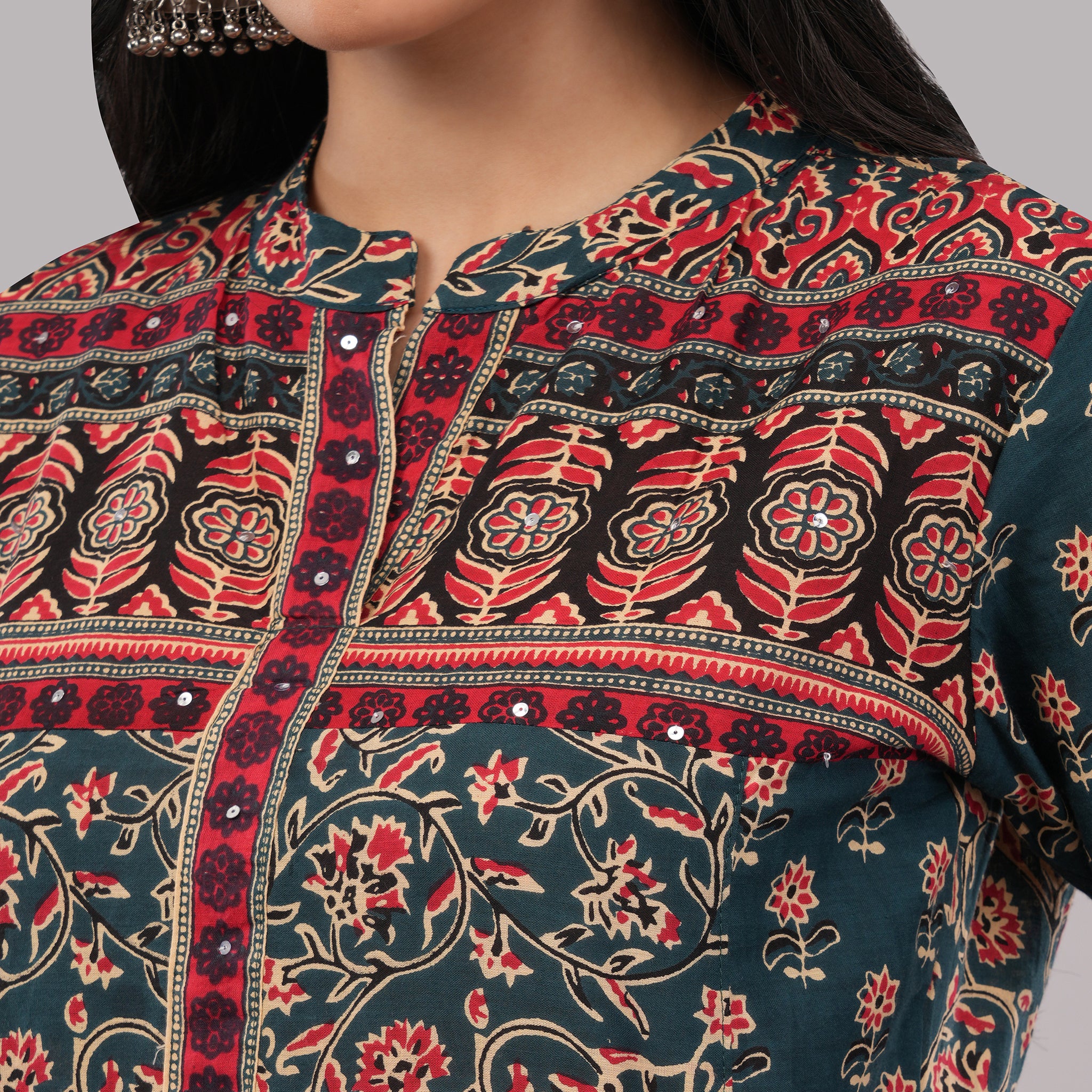 Teal Cotton Block Printed Kurta Pant Dupatta Set – Handcrafted Women's Ethnic Wear | Amarcharkha