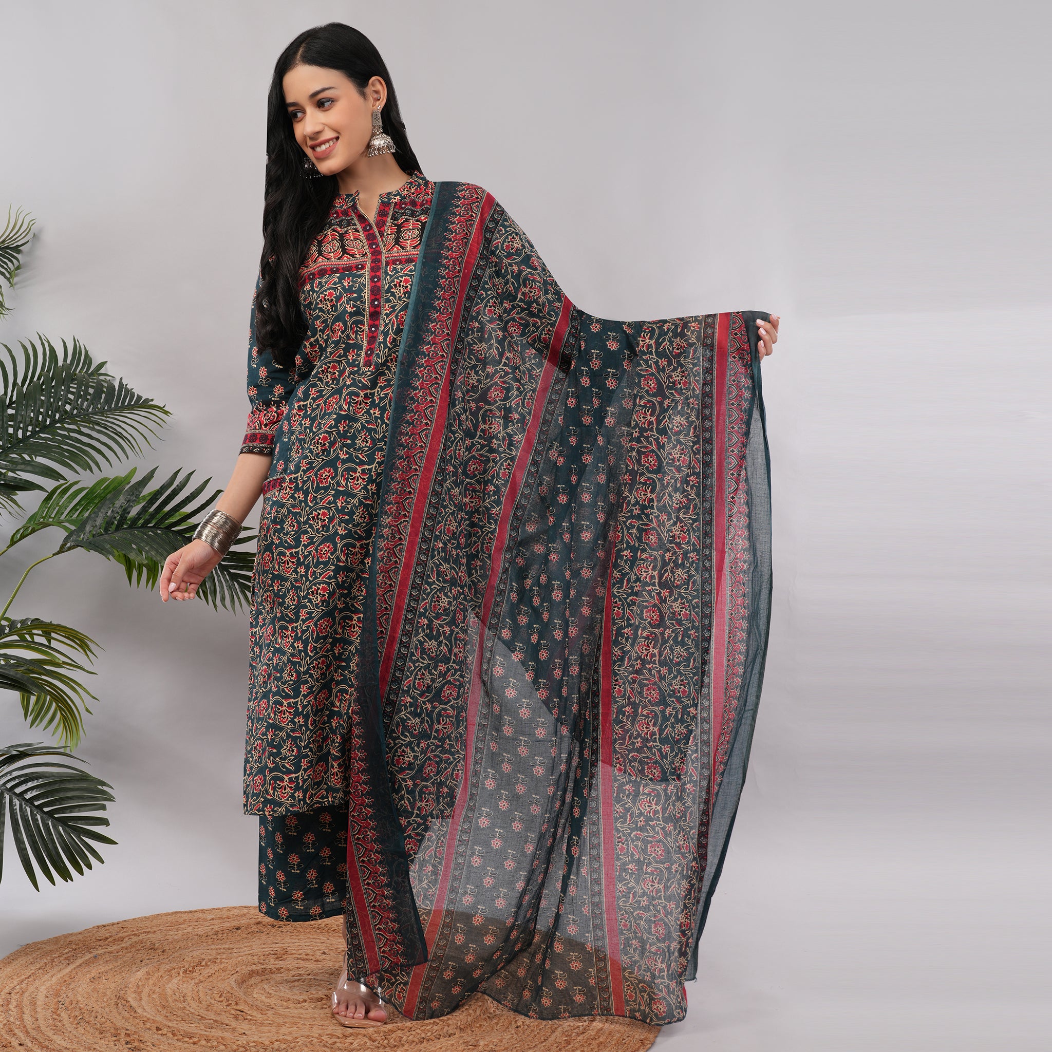 Teal Cotton Block Printed Kurta Pant Dupatta Set – Handcrafted Women's Ethnic Wear | Amarcharkha