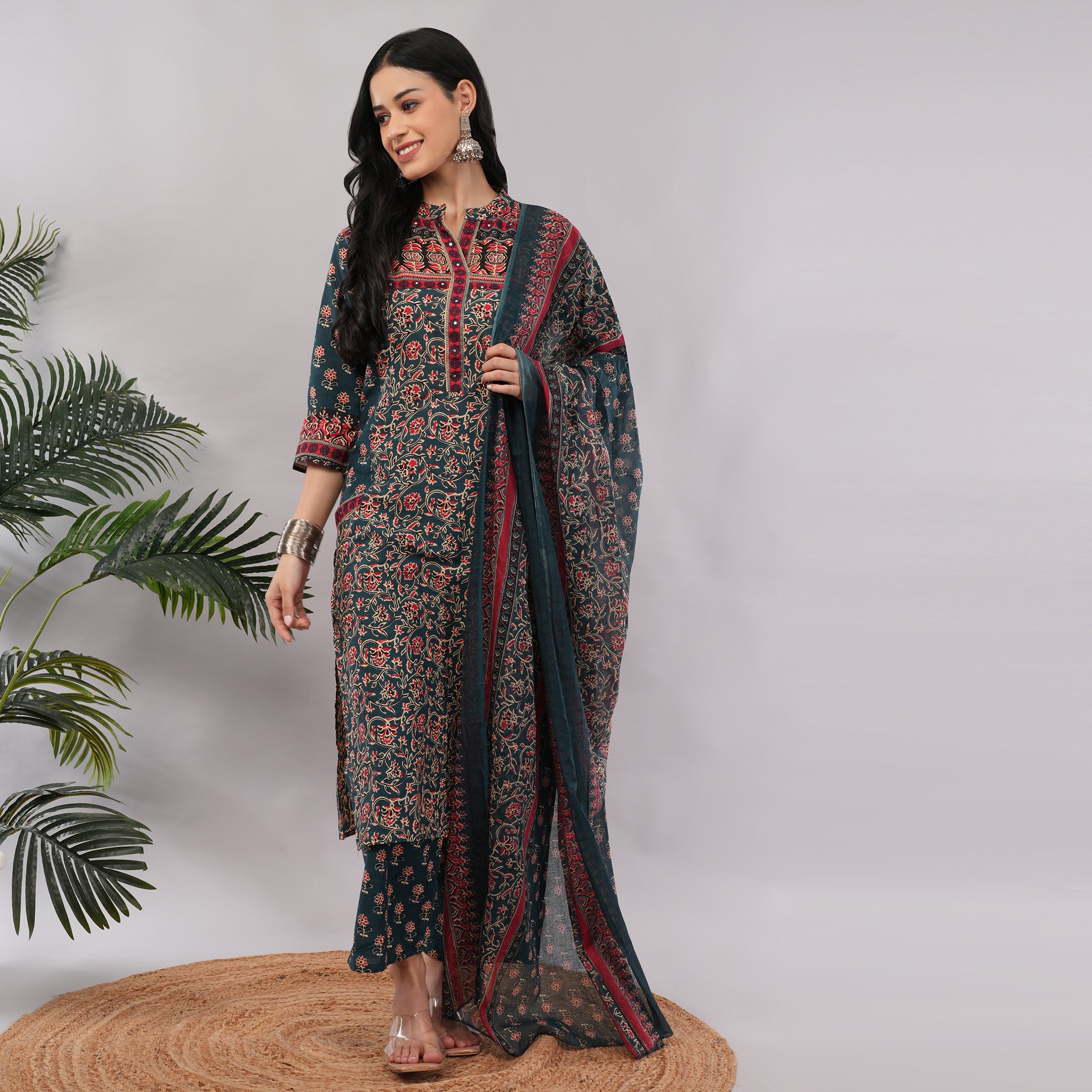 Teal Cotton Block Printed Kurta Pant Dupatta Set – Handcrafted Women's Ethnic Wear | Amarcharkha
