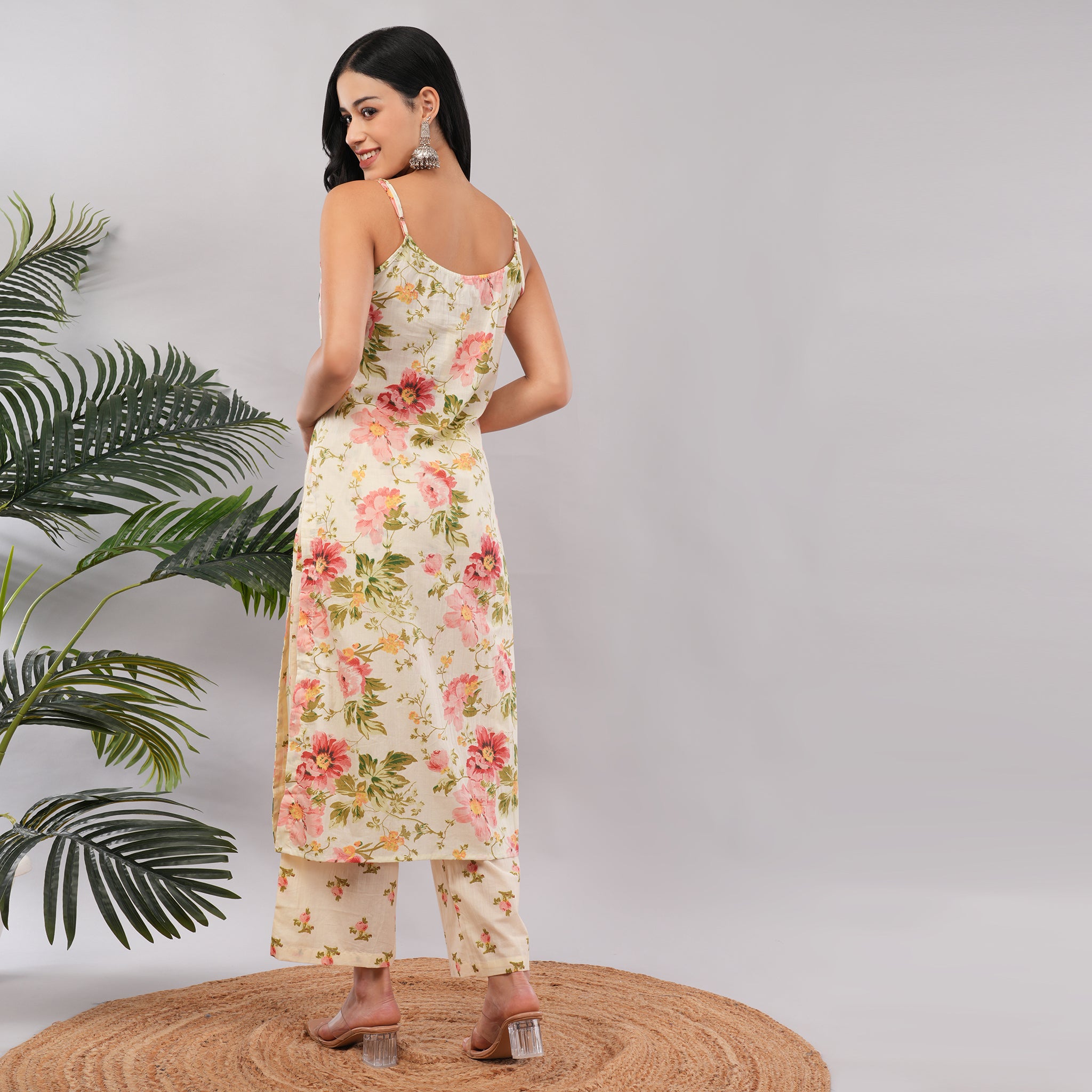 Ivory Blush Floral Sleeveless Cotton Kurta Pant Dupatta Set – Handcrafted Summer Ethnic Wear for Women | Amarcharkha