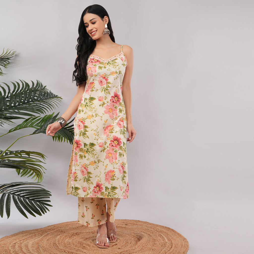 Ivory Blush Floral Sleeveless Cotton Kurta Pant Dupatta Set – Handcrafted Summer Ethnic Wear for Women | Amarcharkha