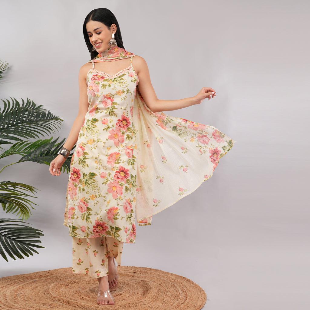 Ivory Blush Floral Sleeveless Cotton Kurta Pant Dupatta Set – Handcrafted Summer Ethnic Wear for Women | Amarcharkha