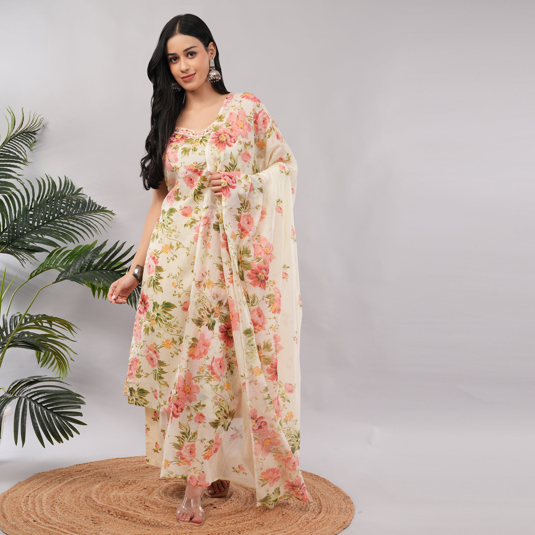 Ivory Blush Floral Sleeveless Cotton Kurta Pant Dupatta Set – Handcrafted Summer Ethnic Wear for Women | Amarcharkha