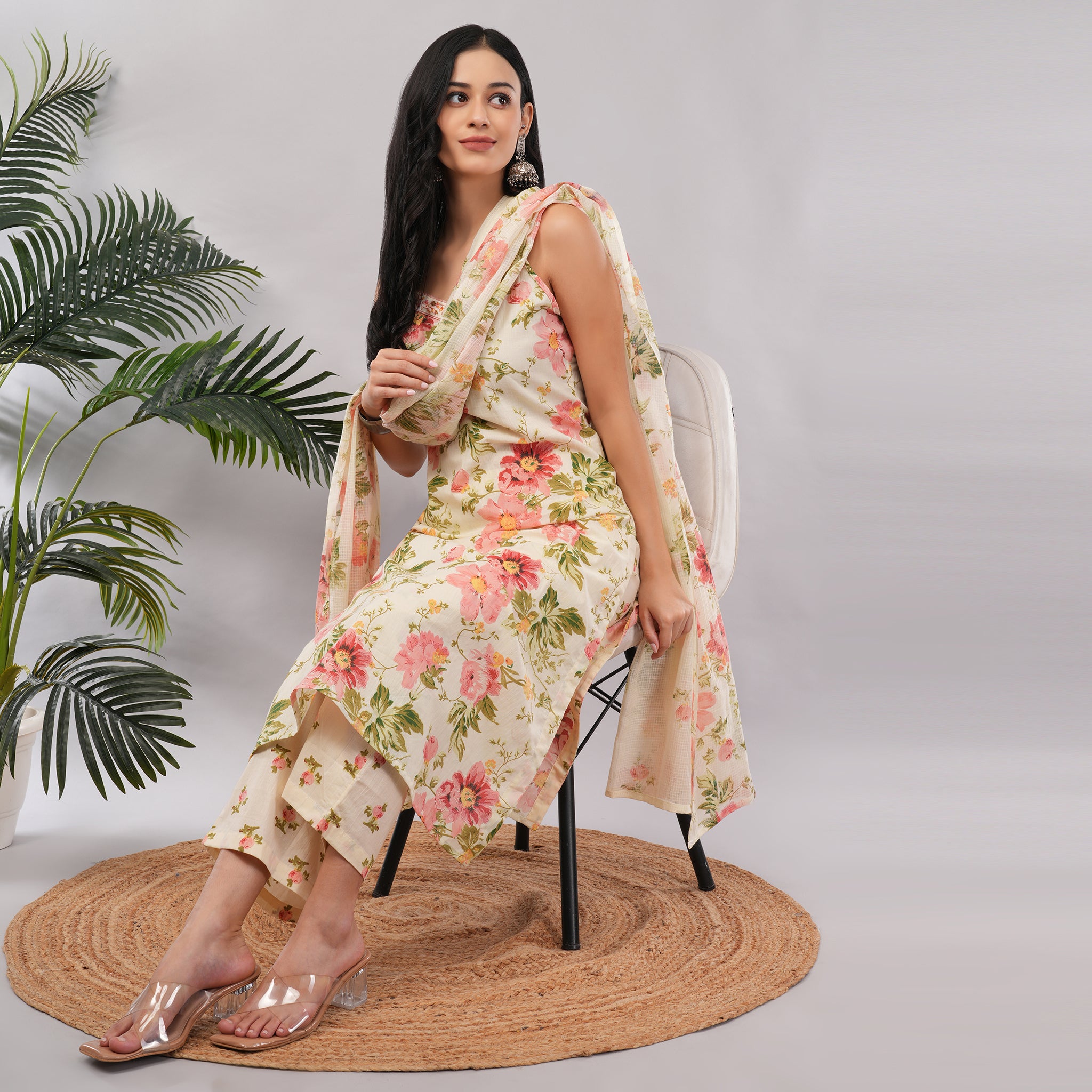 Ivory Blush Floral Sleeveless Cotton Kurta Pant Dupatta Set – Handcrafted Summer Ethnic Wear for Women | Amarcharkha