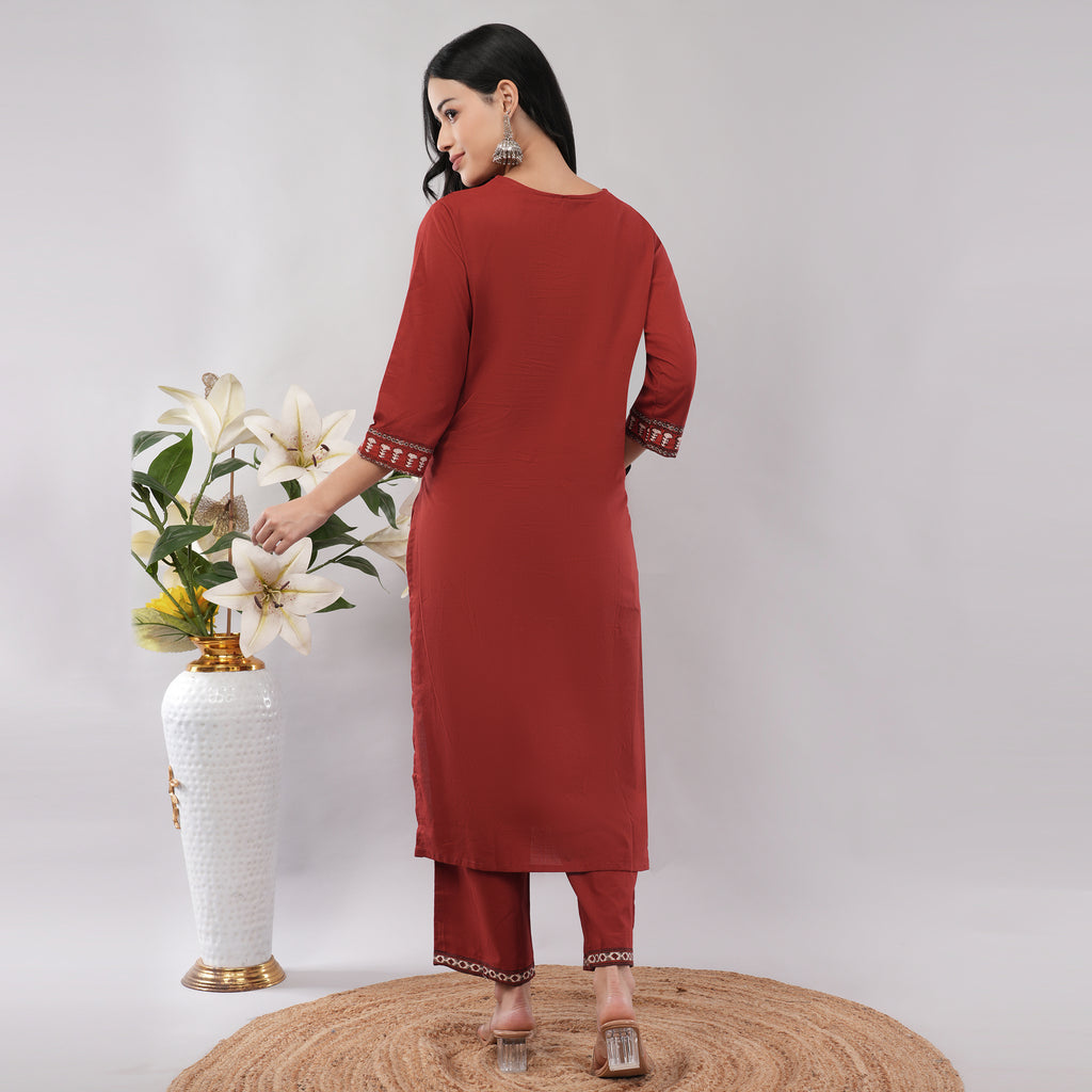 Maroon Cotton Ajrakh Heritage Block Printed Long Kurta Pant Dupatta Set – Artisan Crafted Indian Ethnic Wear | Amarcharkha