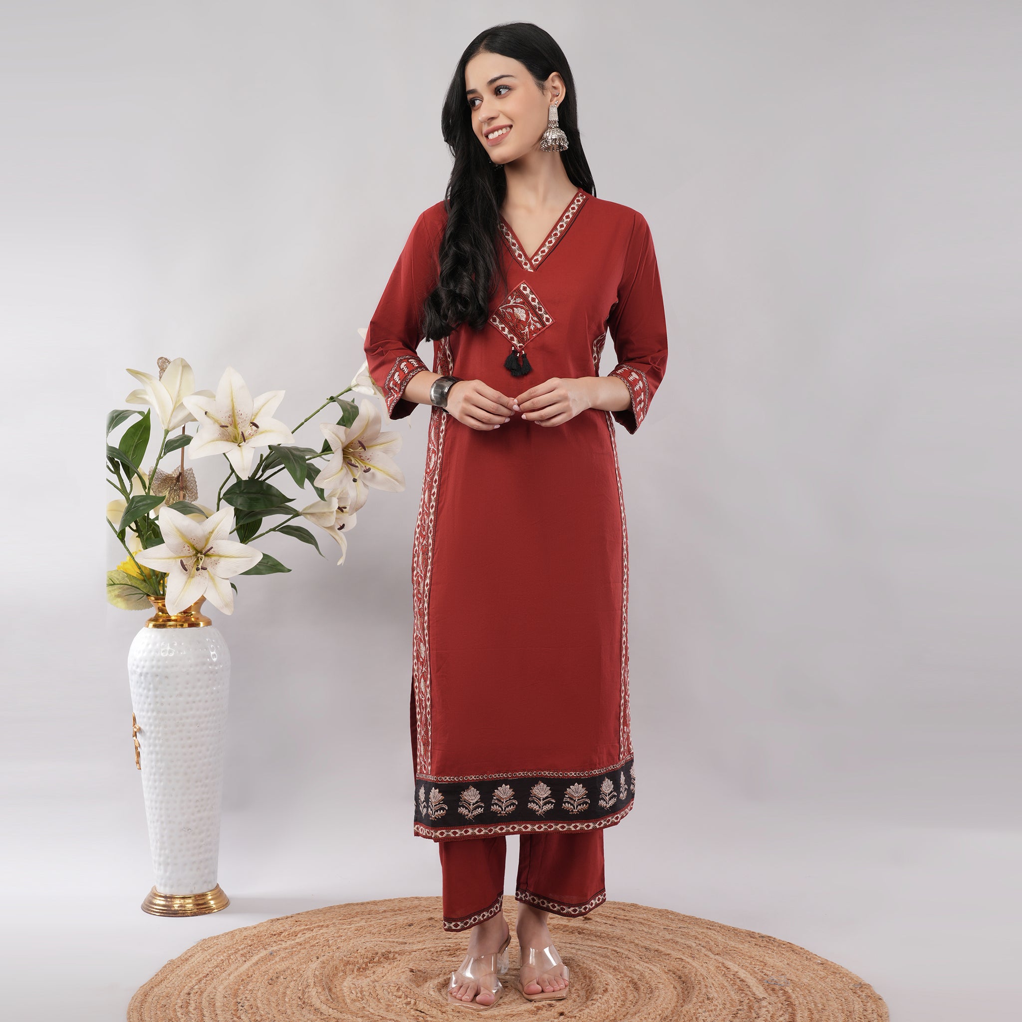 Maroon Cotton Ajrakh Heritage Block Printed Long Kurta Pant Dupatta Set – Artisan Crafted Indian Ethnic Wear | Amarcharkha