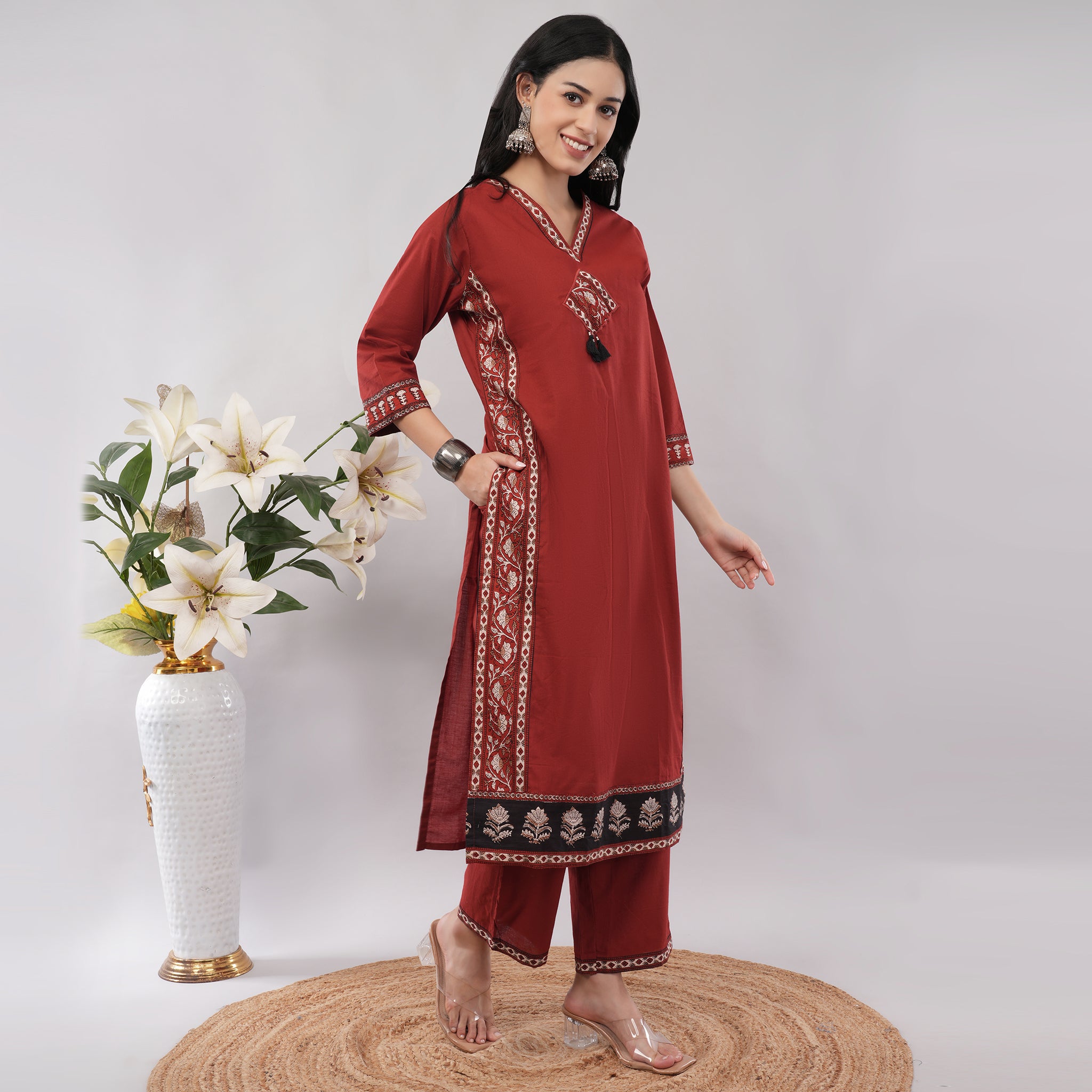 Maroon Cotton Ajrakh Heritage Block Printed Long Kurta Pant Dupatta Set – Artisan Crafted Indian Ethnic Wear | Amarcharkha