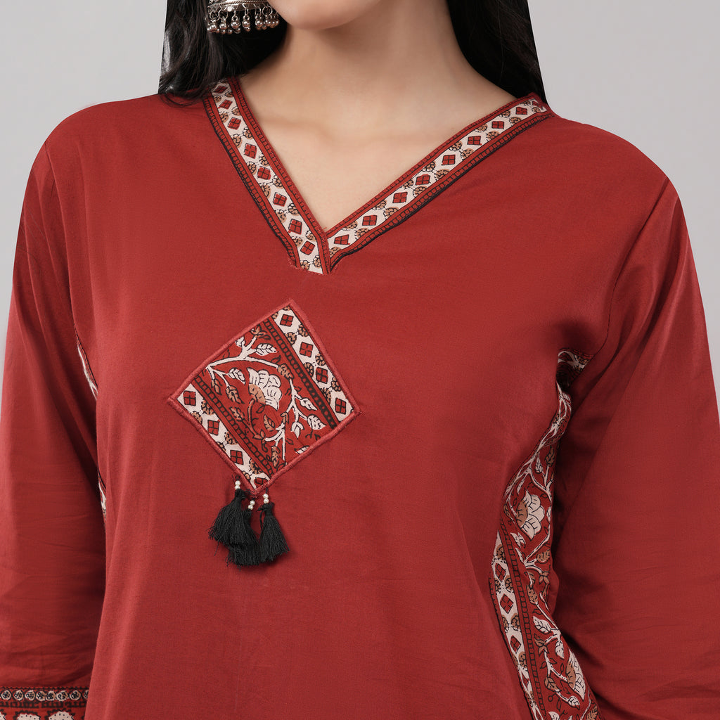 Maroon Cotton Ajrakh Heritage Block Printed Long Kurta Pant Dupatta Set – Artisan Crafted Indian Ethnic Wear | Amarcharkha