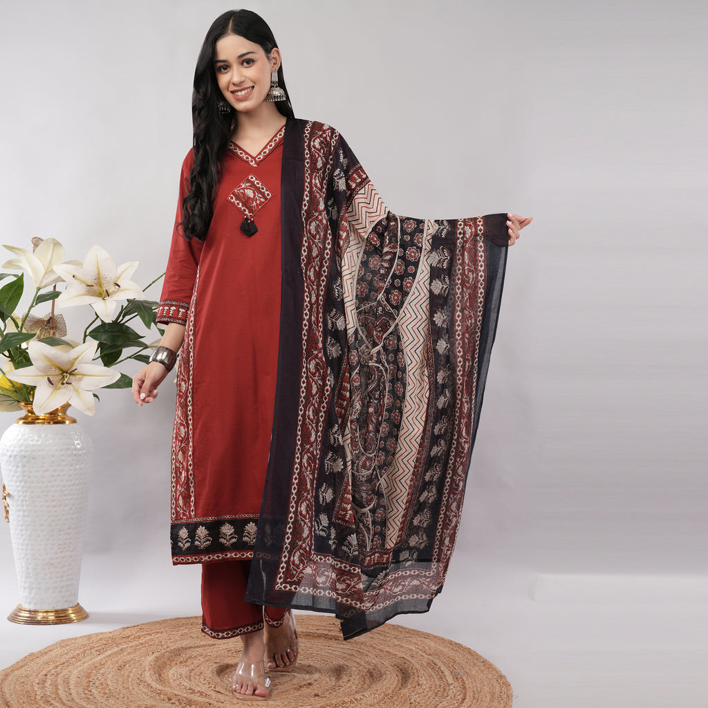 Maroon Cotton Ajrakh Heritage Block Printed Long Kurta Pant Dupatta Set – Artisan Crafted Indian Ethnic Wear | Amarcharkha