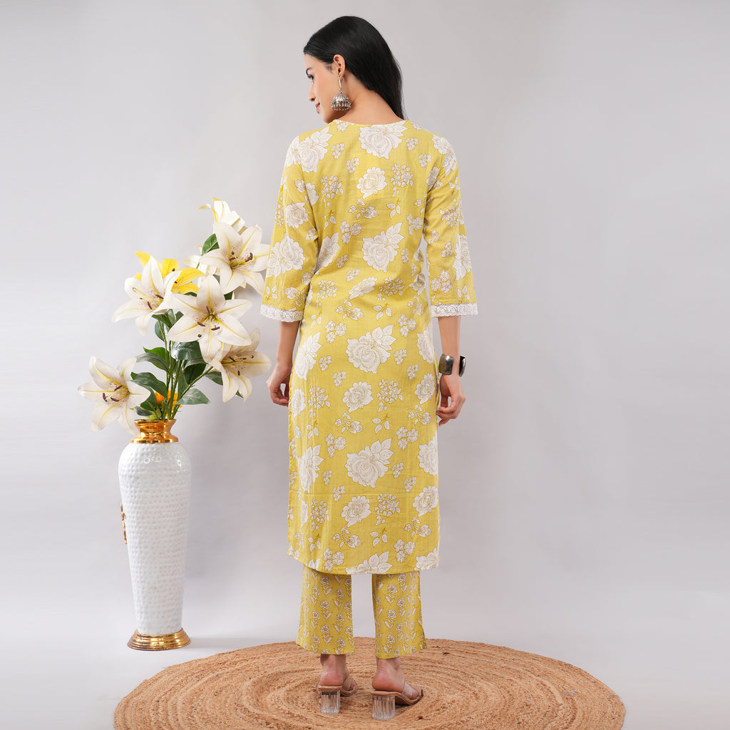 Lime Yellow Floral Cotton Long Kurta Pant Dupatta Set – Handcrafted Summer Ethnic Wear for Women | Amarcharkha