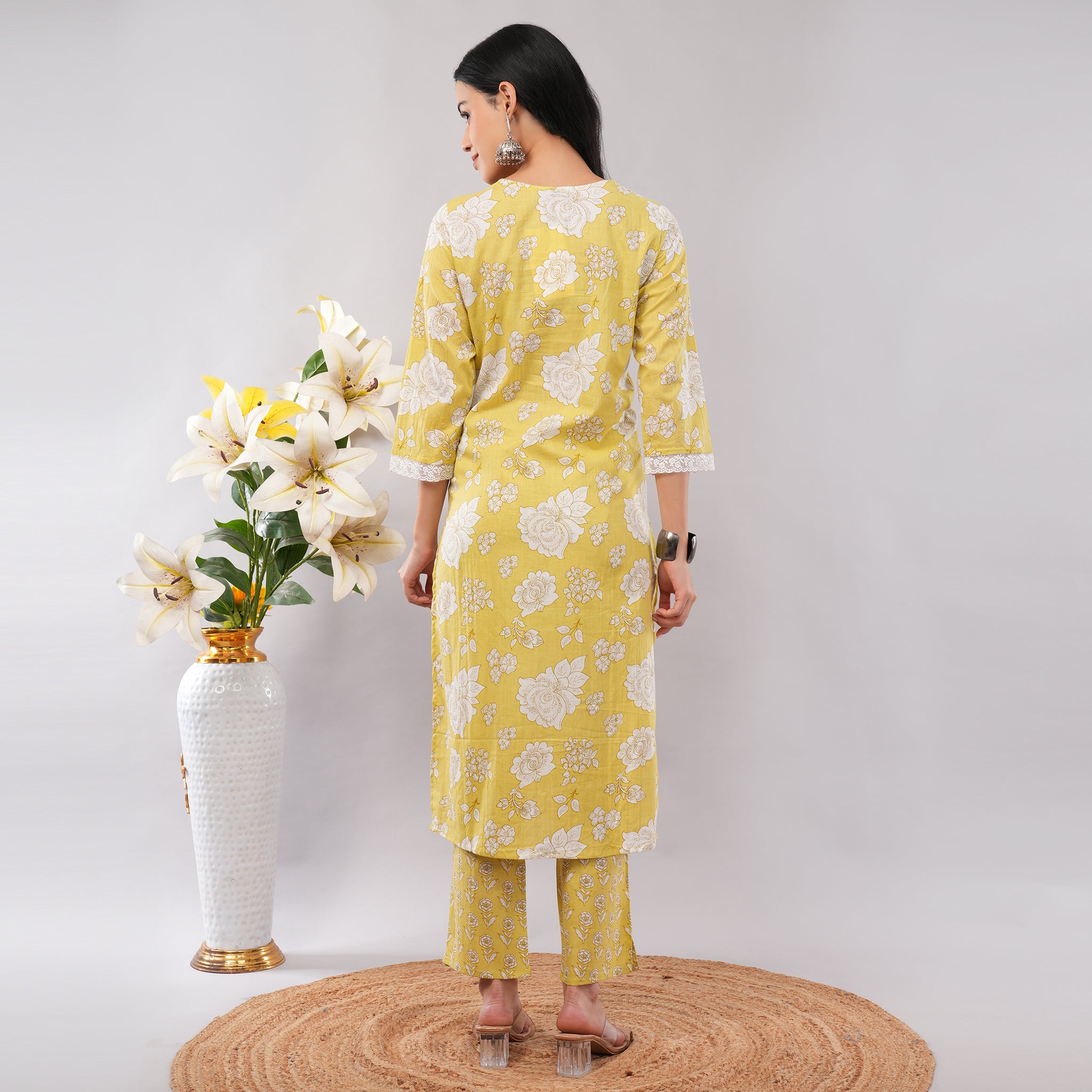 Lime Yellow Floral Cotton Long Kurta Pant Dupatta Set – Handcrafted Summer Ethnic Wear for Women | Amarcharkha