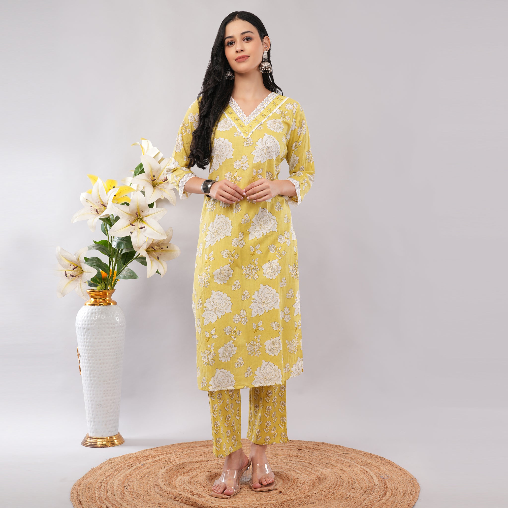Lime Yellow Floral Cotton Long Kurta Pant Dupatta Set – Handcrafted Summer Ethnic Wear for Women | Amarcharkha