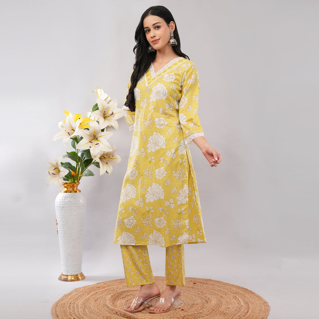 Lime Yellow Floral Cotton Long Kurta Pant Dupatta Set – Handcrafted Summer Ethnic Wear for Women | Amarcharkha