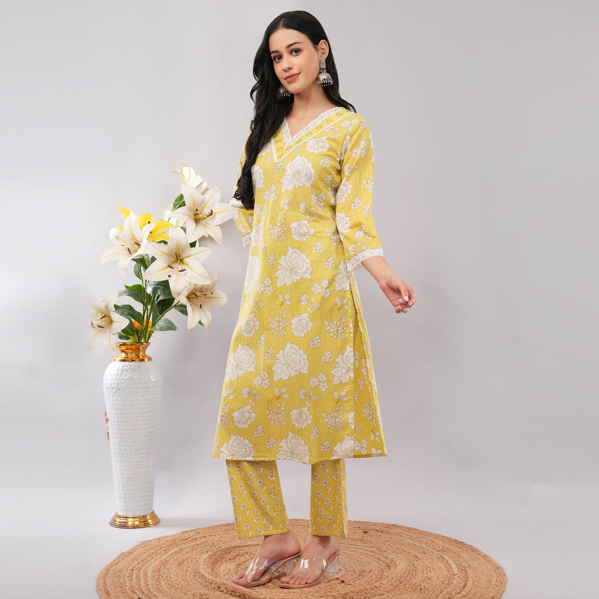 Lime Yellow Floral Cotton Long Kurta Pant Dupatta Set – Handcrafted Summer Ethnic Wear for Women | Amarcharkha