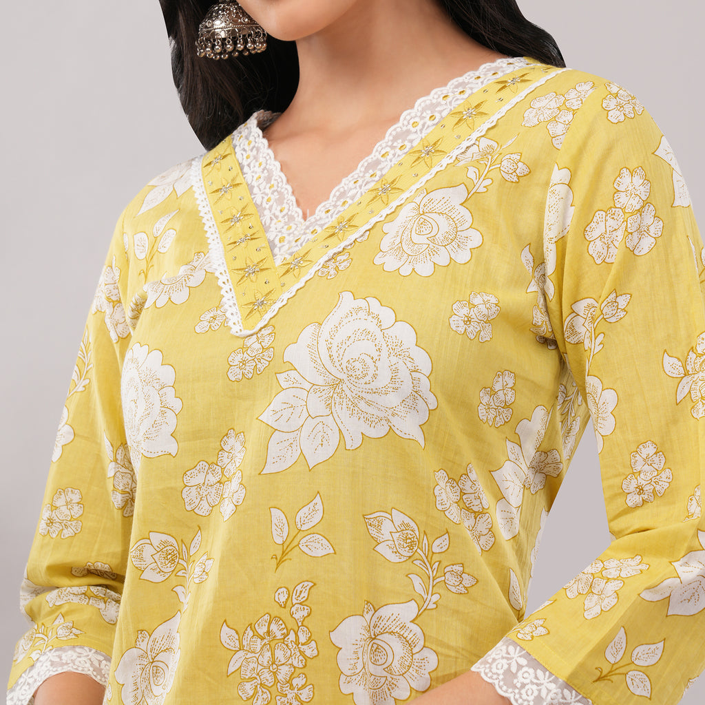 Lime Yellow Floral Cotton Long Kurta Pant Dupatta Set – Handcrafted Summer Ethnic Wear for Women | Amarcharkha