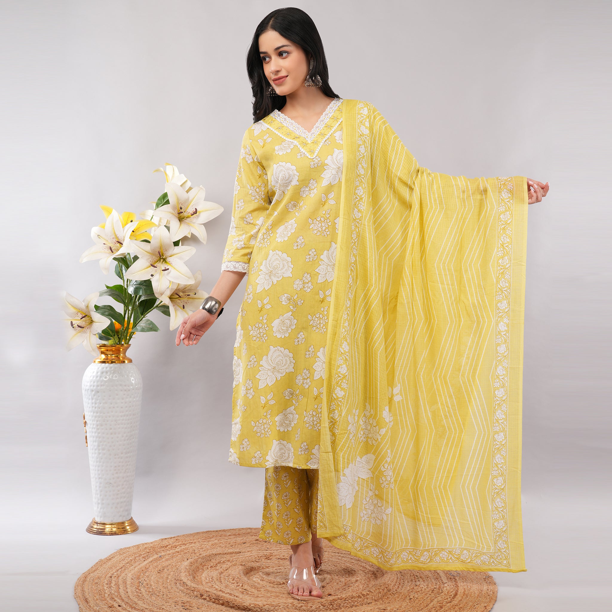 Lime Yellow Floral Cotton Long Kurta Pant Dupatta Set – Handcrafted Summer Ethnic Wear for Women | Amarcharkha