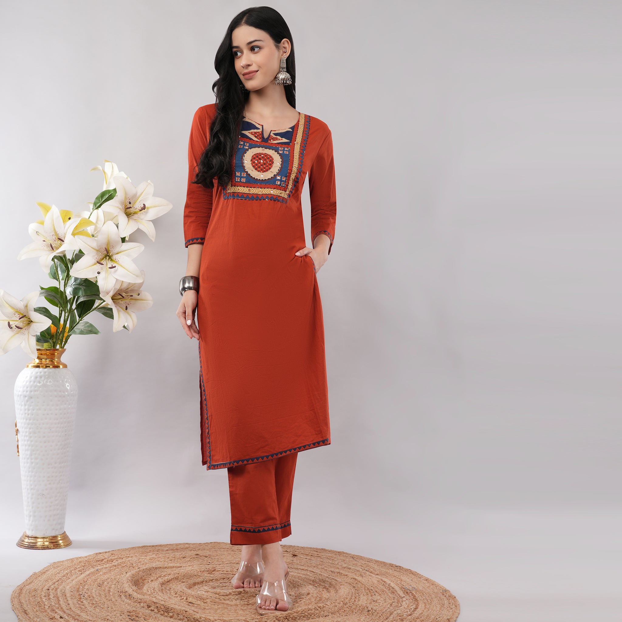 Orange Blue Cotton Kantha Geometric Printed Kurta Pant Dupatta Set – Handcrafted Ethnic Wear for Women | Amarcharkha