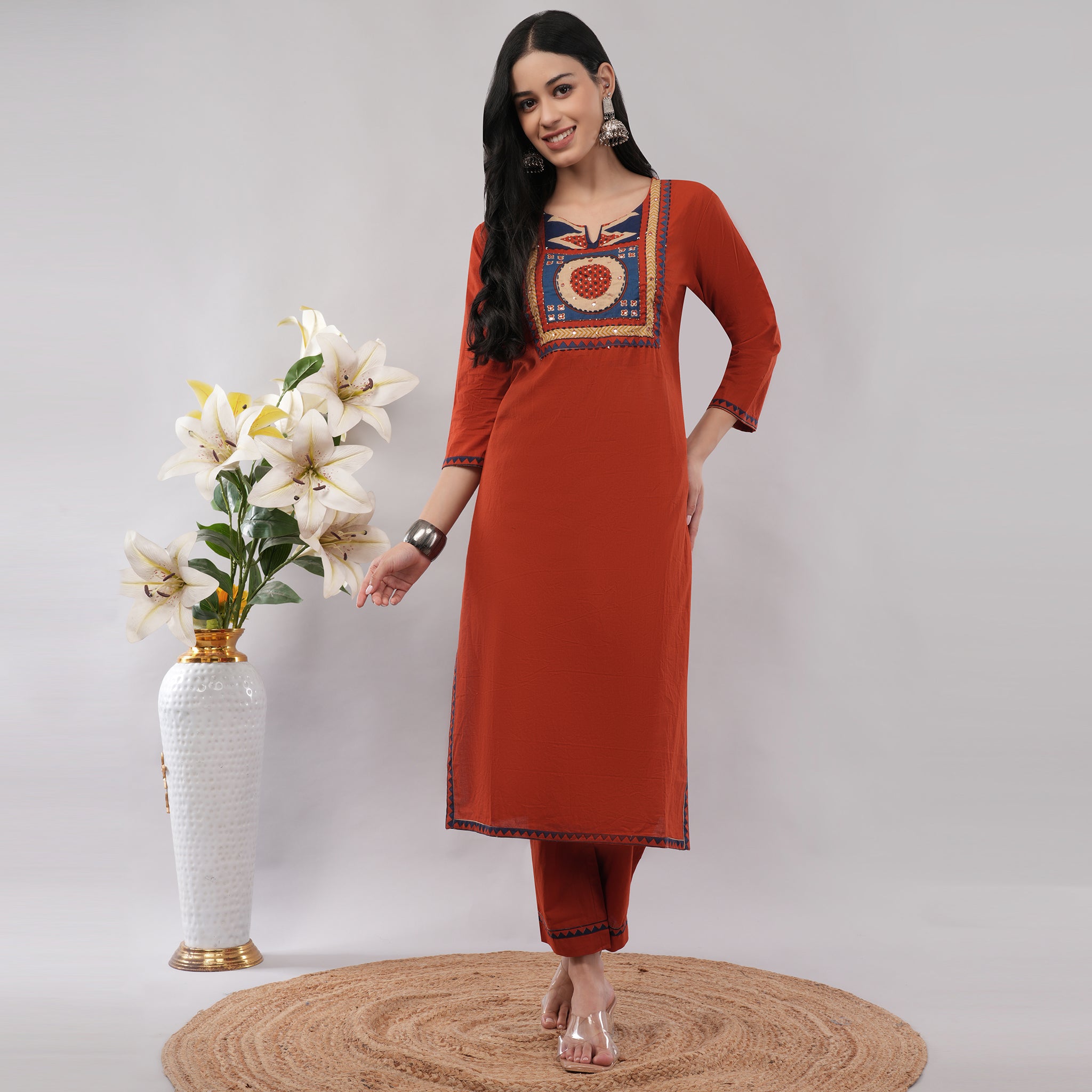 Orange Blue Cotton Kantha Geometric Printed Kurta Pant Dupatta Set – Handcrafted Ethnic Wear for Women | Amarcharkha
