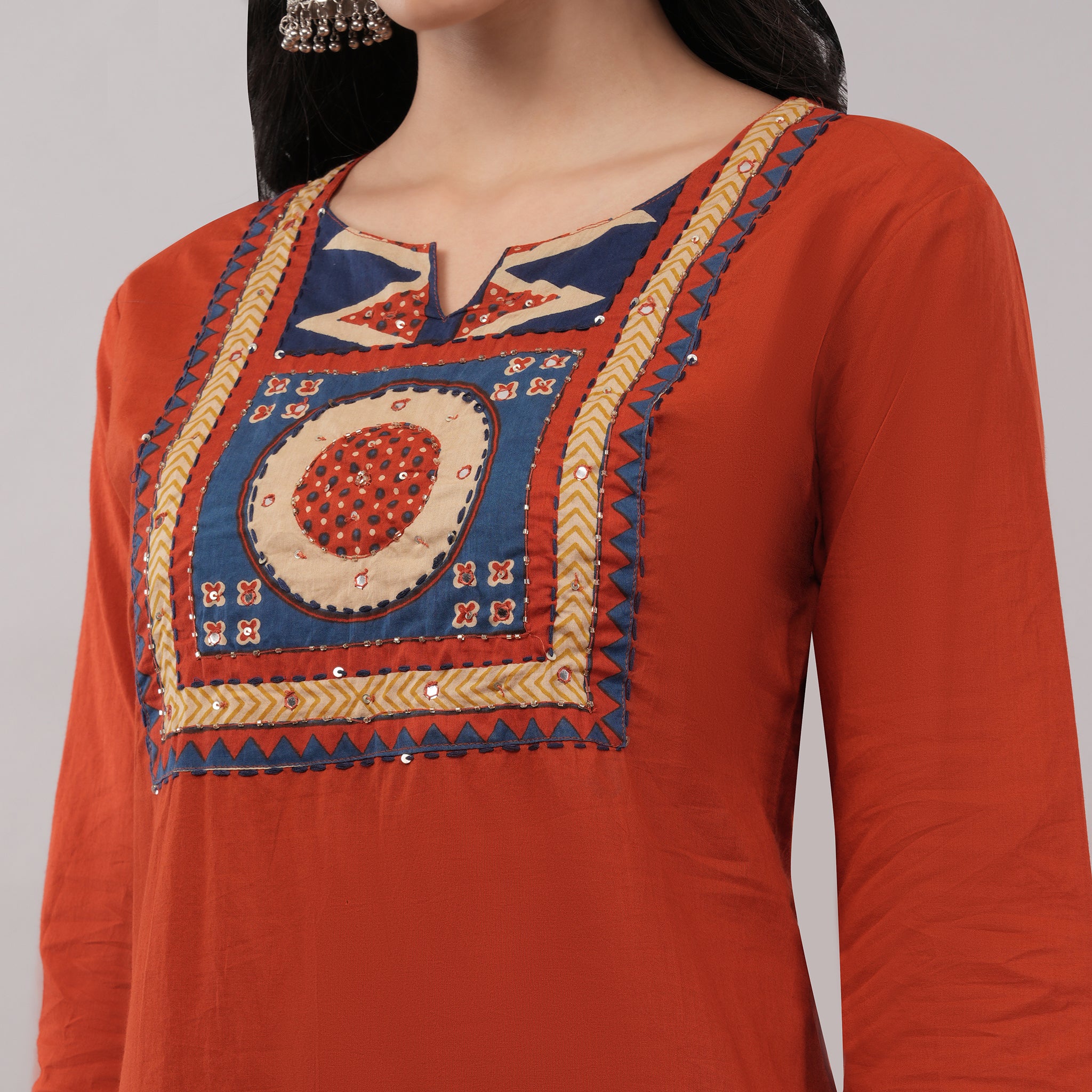 Orange Blue Cotton Kantha Geometric Printed Kurta Pant Dupatta Set – Handcrafted Ethnic Wear for Women | Amarcharkha