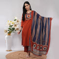 Orange Blue Cotton Kantha Geometric Printed Kurta Pant Dupatta Set – Handcrafted Ethnic Wear for Women | Amarcharkha