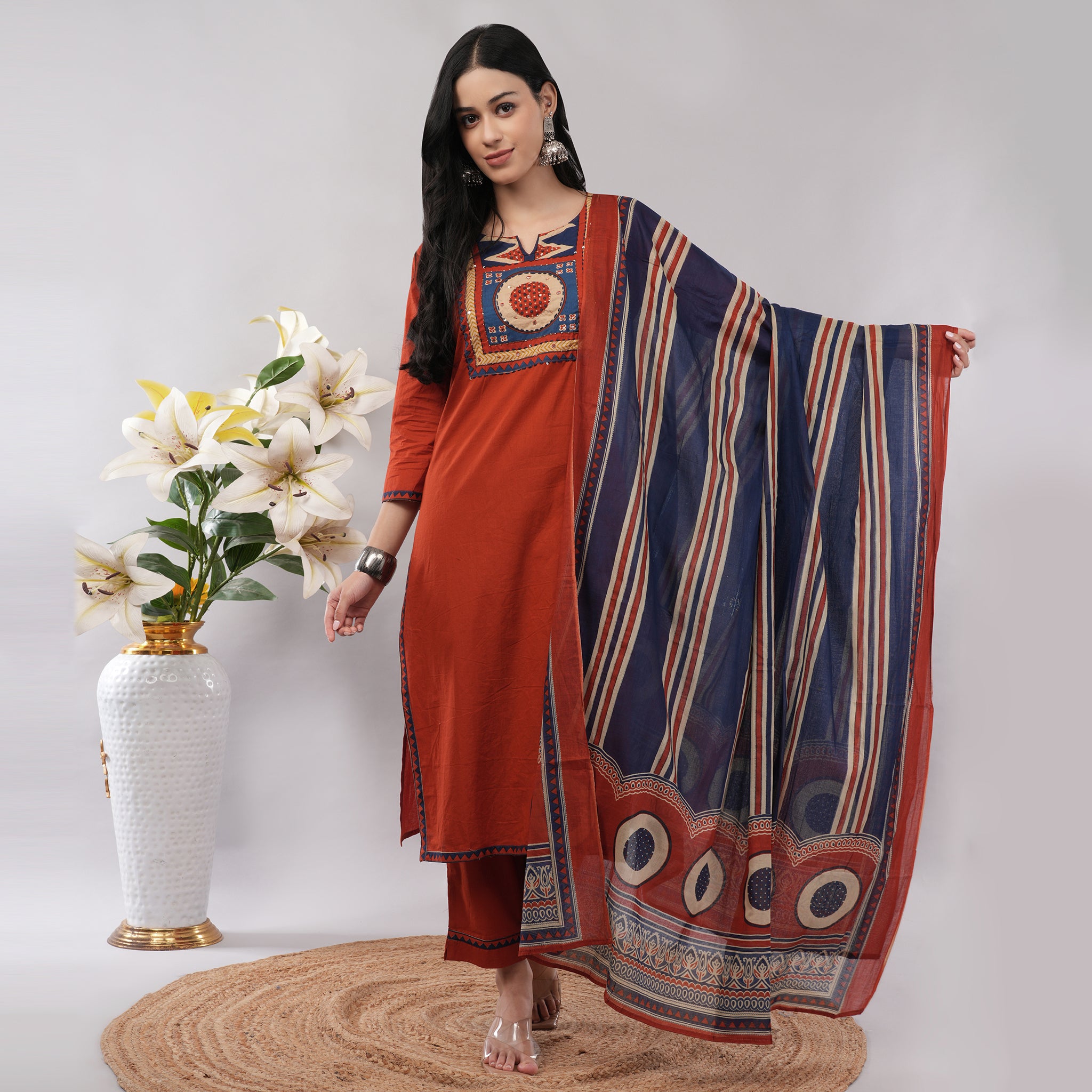 Orange Blue Cotton Kantha Geometric Printed Kurta Pant Dupatta Set – Handcrafted Ethnic Wear for Women | Amarcharkha