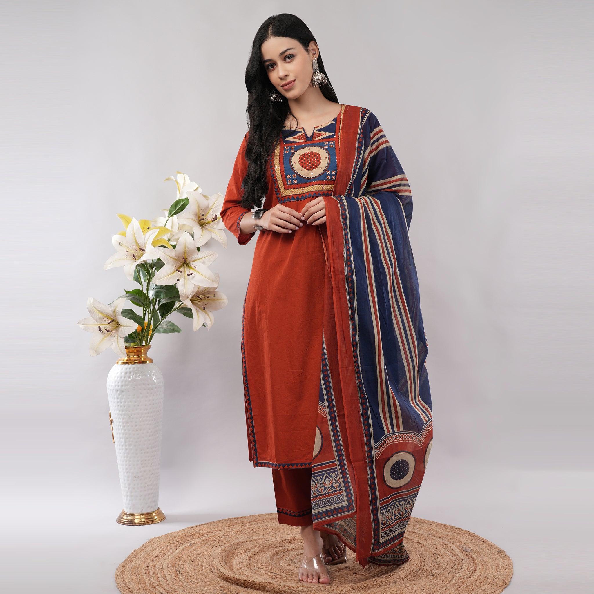 Orange Blue Cotton Kantha Geometric Printed Kurta Pant Dupatta Set – Handcrafted Ethnic Wear for Women | Amarcharkha