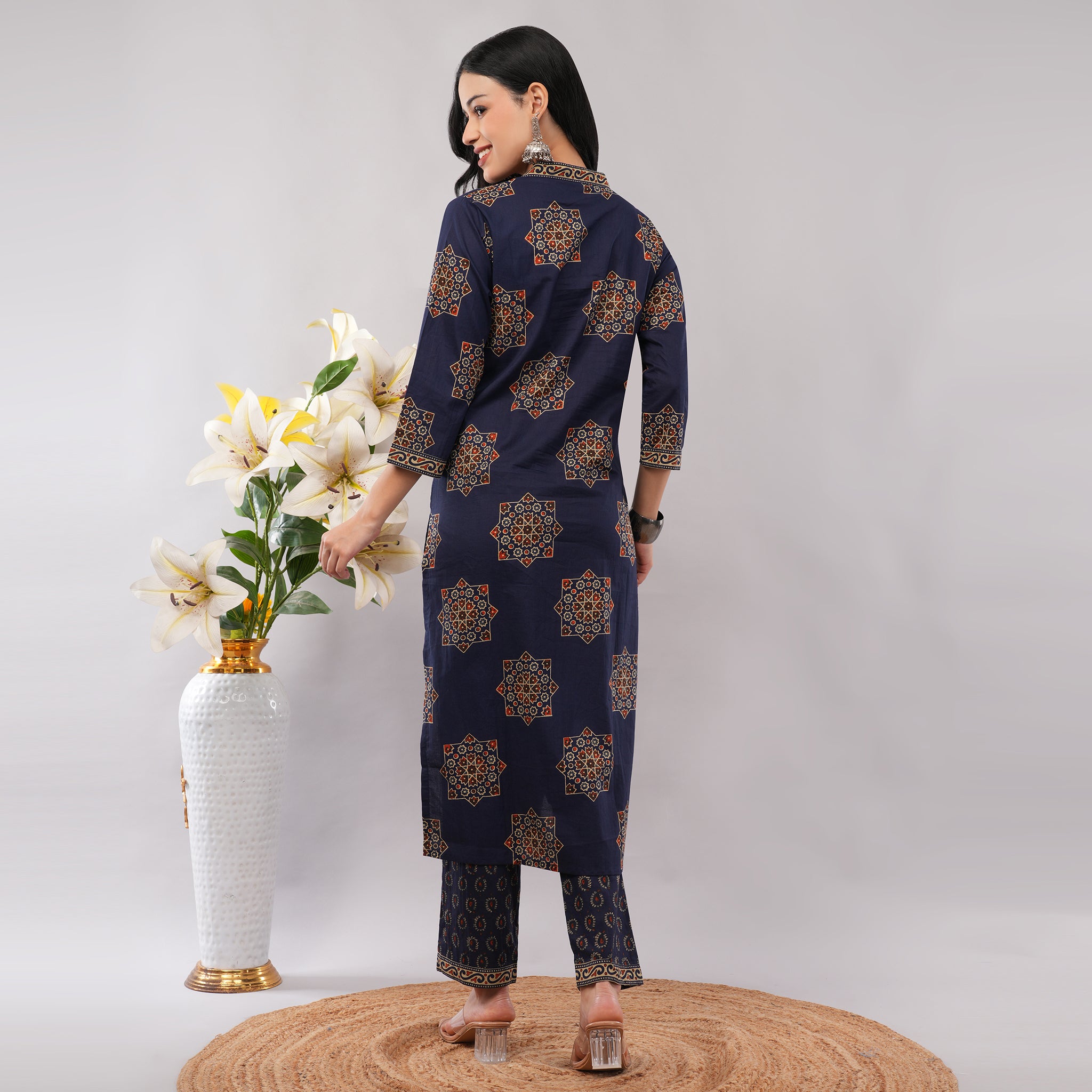 Blue Cotton Geometric Block Printed Kurta Pant Dupatta Set – Handcrafted Women's Indian Ethnic Wear | Amarcharkha