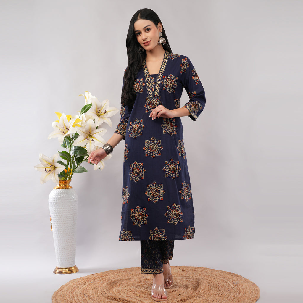 Blue Cotton Geometric Block Printed Kurta Pant Dupatta Set – Handcrafted Women's Indian Ethnic Wear | Amarcharkha