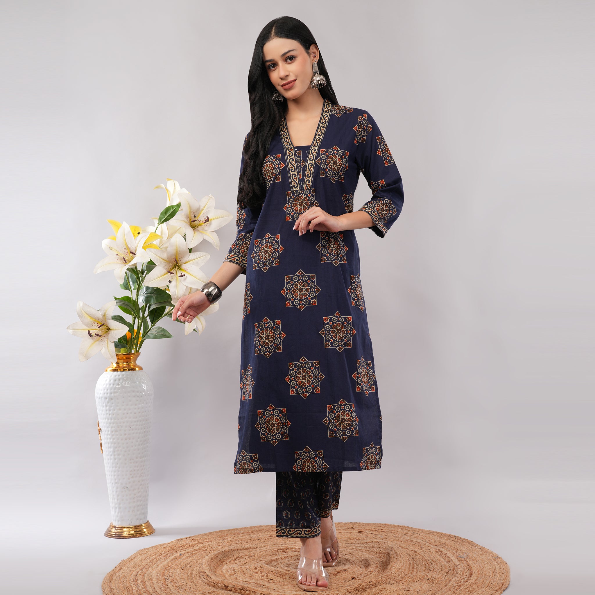 Blue Cotton Geometric Block Printed Kurta Pant Dupatta Set – Handcrafted Women's Indian Ethnic Wear | Amarcharkha