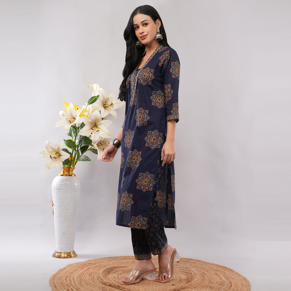 Blue Cotton Geometric Block Printed Kurta Pant Dupatta Set – Handcrafted Women's Indian Ethnic Wear | Amarcharkha