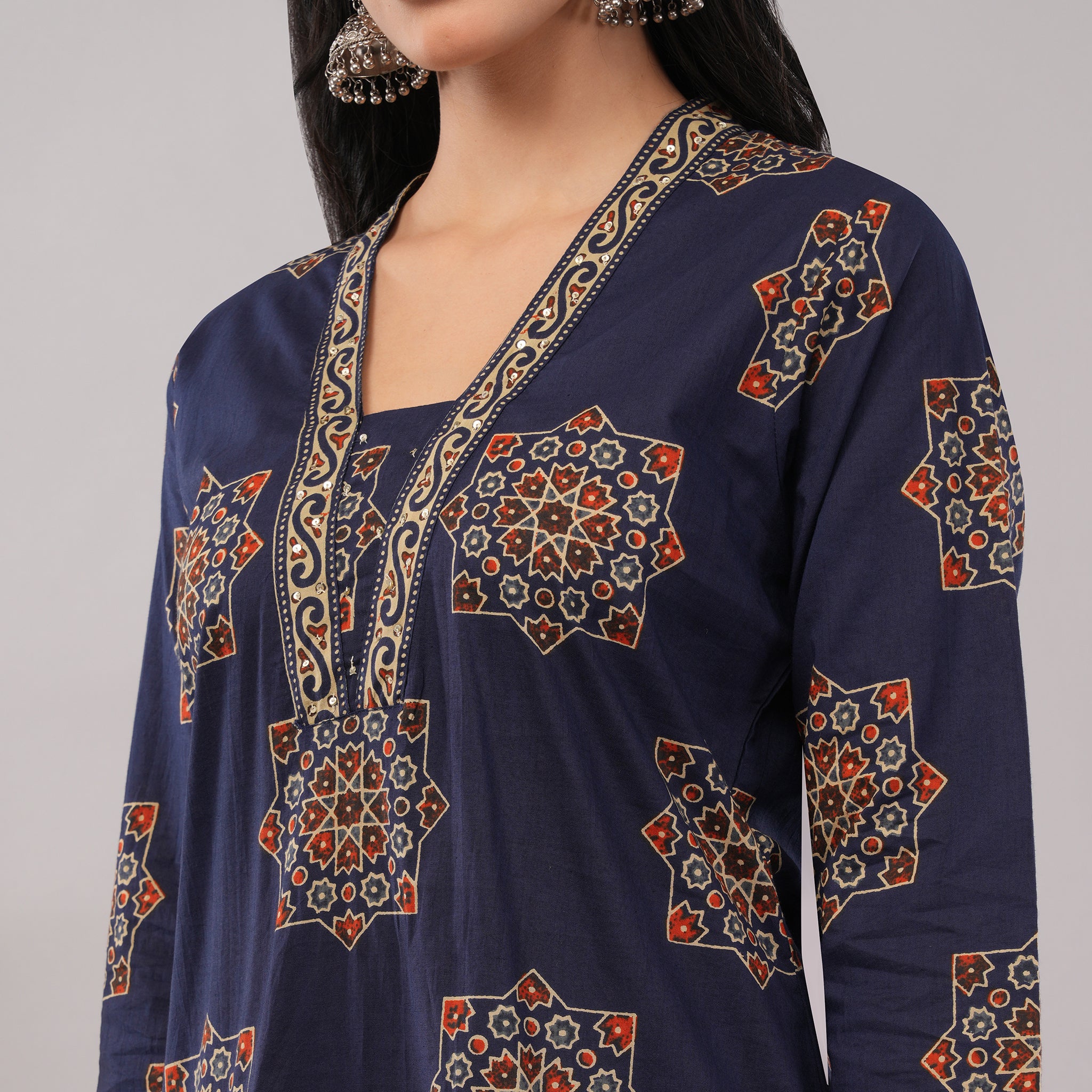 Blue Cotton Geometric Block Printed Kurta Pant Dupatta Set – Handcrafted Women's Indian Ethnic Wear | Amarcharkha
