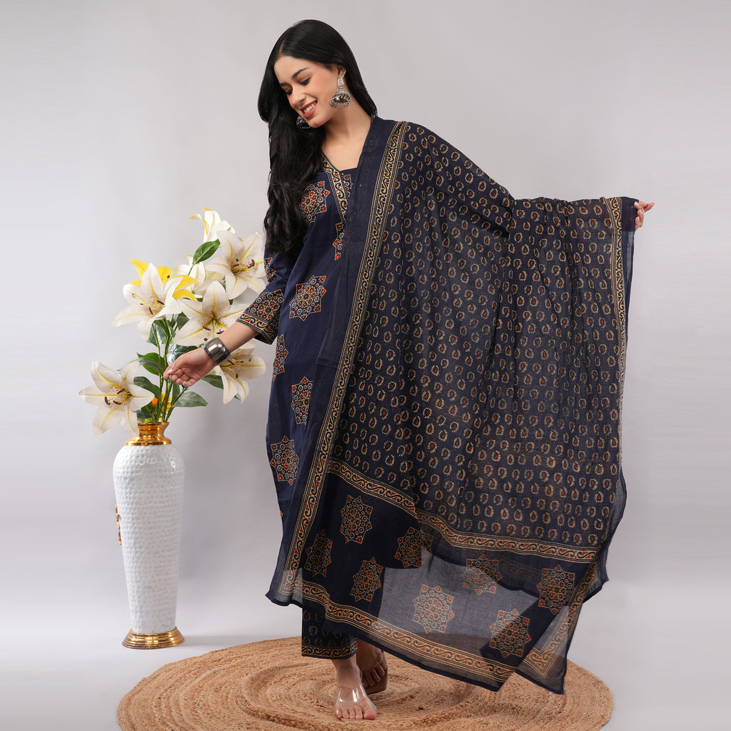 Blue Cotton Geometric Block Printed Kurta Pant Dupatta Set – Handcrafted Women's Indian Ethnic Wear | Amarcharkha