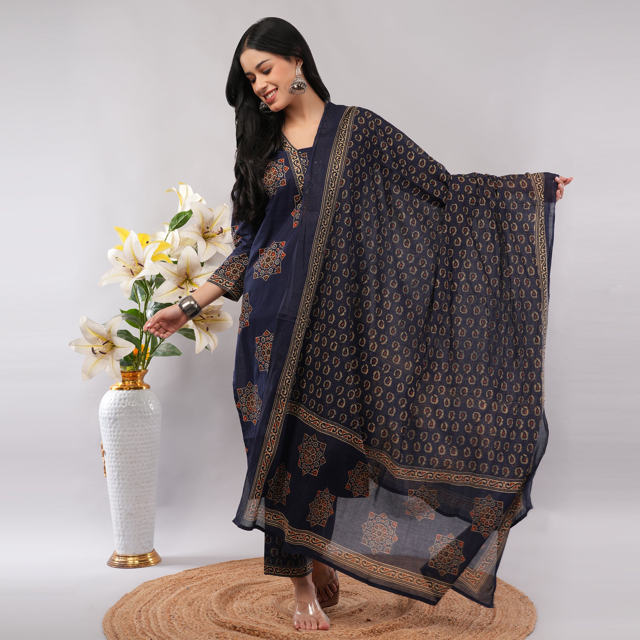 Blue Cotton Geometric Block Printed Kurta Pant Dupatta Set – Handcrafted Women's Indian Ethnic Wear | Amarcharkha
