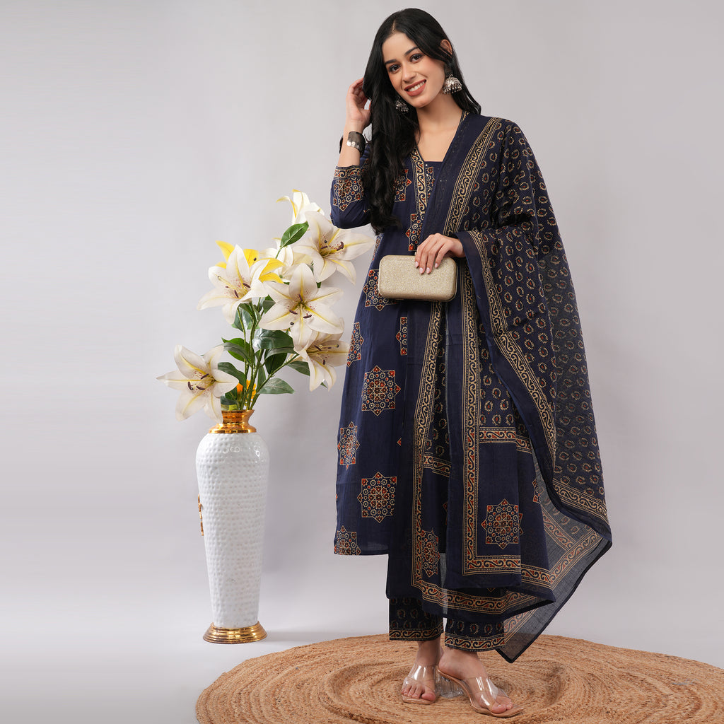 Blue Cotton Geometric Block Printed Kurta Pant Dupatta Set – Handcrafted Women's Indian Ethnic Wear | Amarcharkha