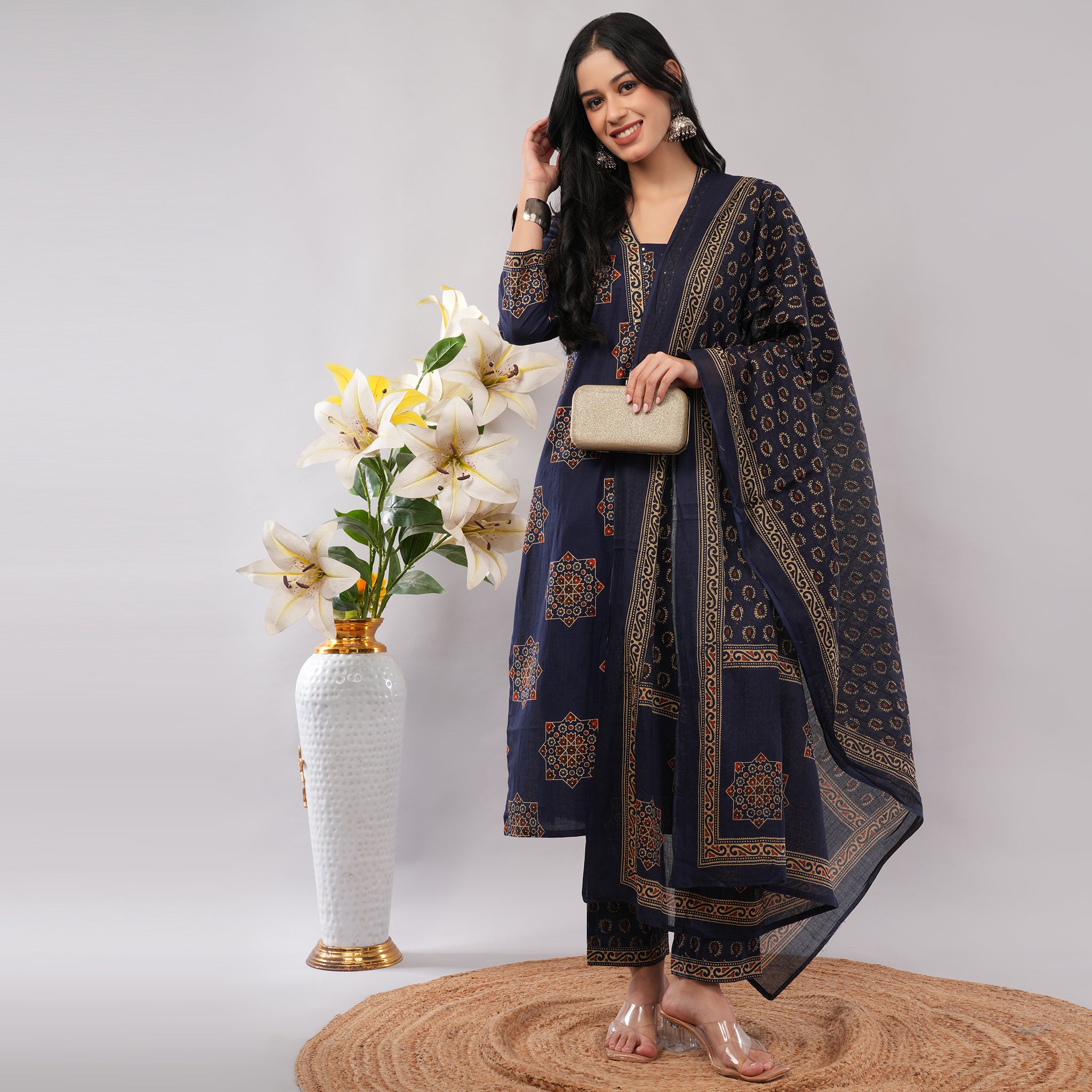 Blue Cotton Geometric Block Printed Kurta Pant Dupatta Set – Handcrafted Women's Indian Ethnic Wear | Amarcharkha