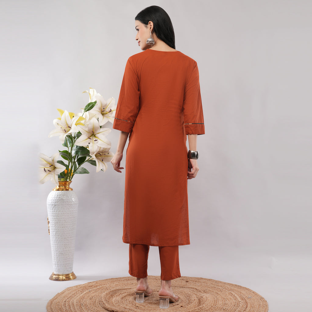 Orange Cotton Peacock Printed Kurta Pant Dupatta Set – Handcrafted Ethnic Wear | Amarcharkha

