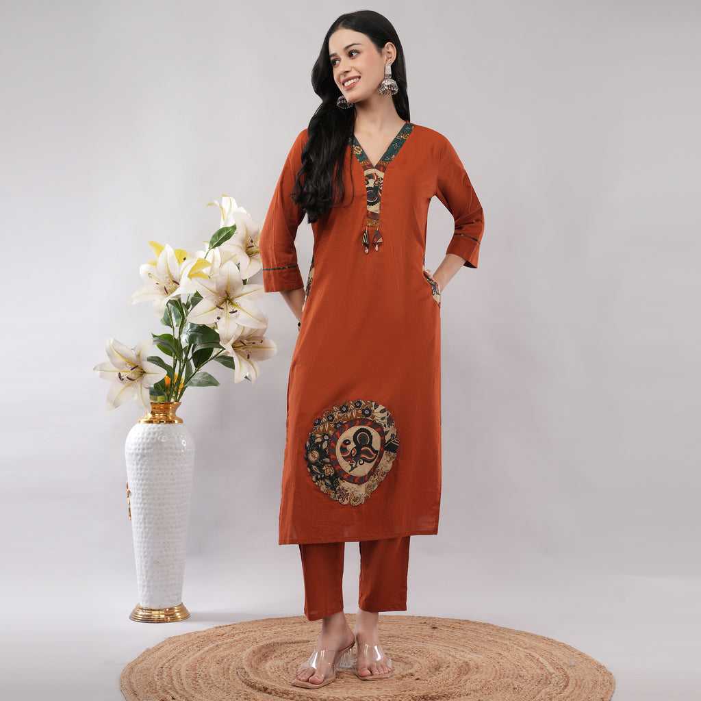Orange Cotton Peacock Printed Kurta Pant Dupatta Set – Handcrafted Ethnic Wear | Amarcharkha

